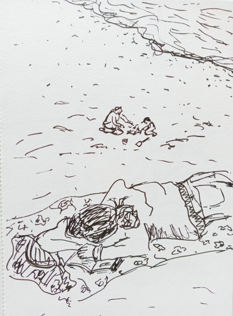 Dessin croqué au stylo, femme endormie sur le sable d'une plage
