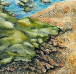 Peinture paysage rochers, algues, sable et mer