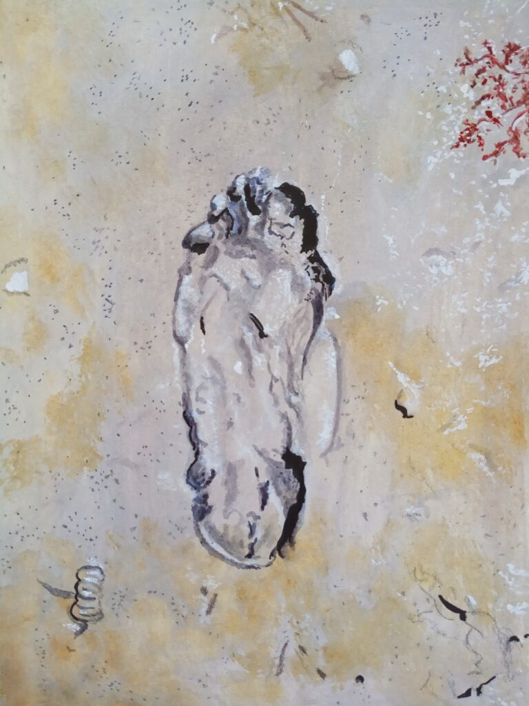 Peinture d'une empreinte de pied dans la vase plage du Nau au Pouliguen